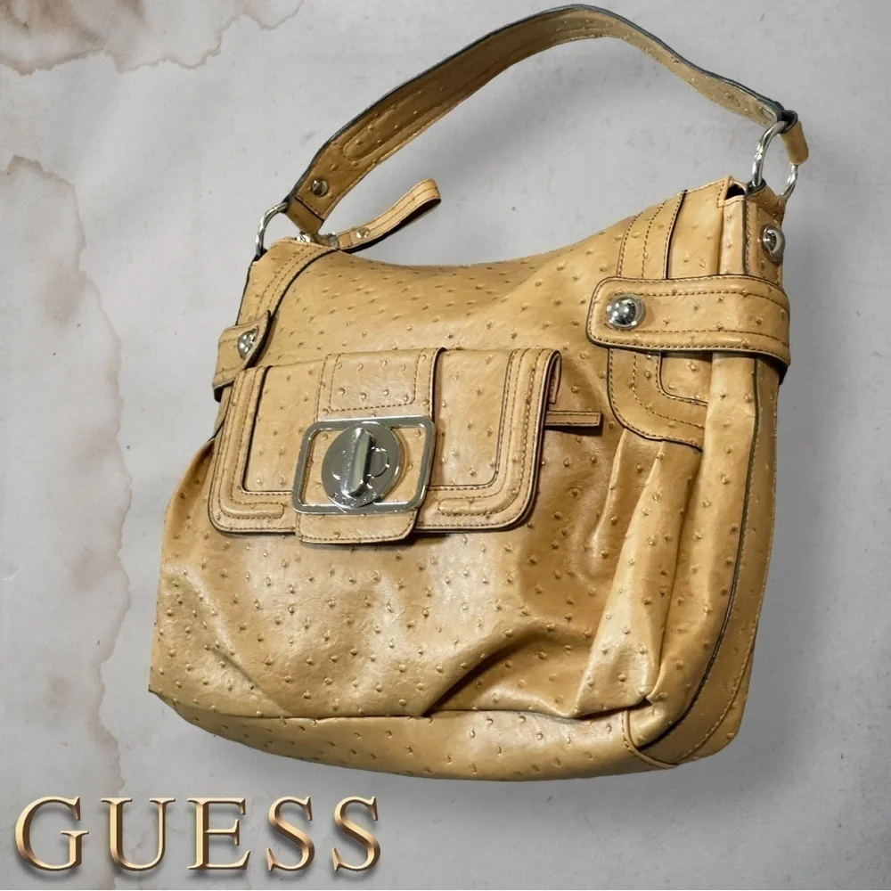 GUESS Enchanted Faux Ostrich Leather Tan and Silver Hobo Bag